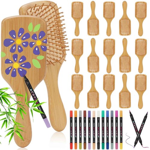 SAYAYA 16 PCS Bamboo Hair Brush for Hair Growth Natural Bamboo Paddle Hairbrush with 12 Multicolor Pens Massaging Scalp Brush for Women Men Detangling Curly Thick Wavy Hair DIY Gift for Crafts