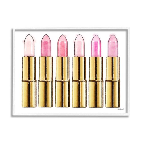 Stupell Industries Pink Gold Lipstick Glam Fashion Watercolor, Design by Amanda Greenwood White Framed Wall Art, 24 x 30