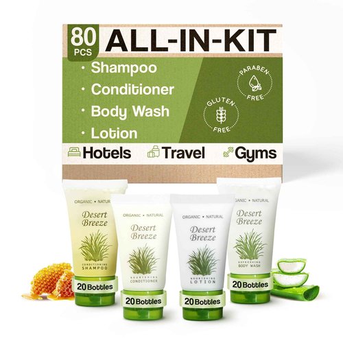 Desert Breeze Hotel Soaps & Toiletries Bulk Set | 1-Shoppe Amenities Kit | 1oz Shampoo & Conditioner, Body Wash, Lotion | Travel Size | 80 Pieces