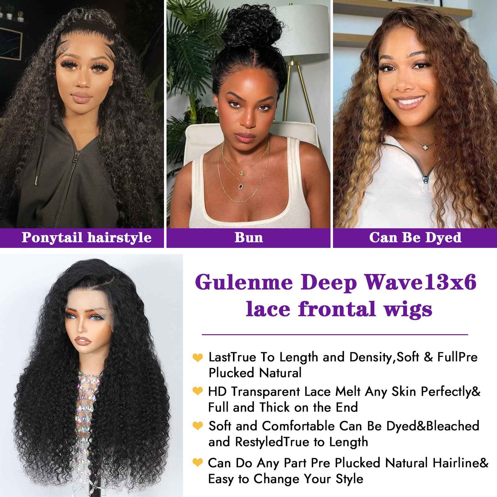 Gulenme 13x6 Deep Wave Lace Front Wigs Human Hair 200 Density Pre Plucked HD Transparent 100% Lace Frontal Wigs Deep Curly Wet and Wavy lace front human hair Wigs for Women（ 30 inch ， Natural Black）