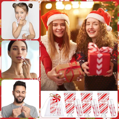 Heigble 144 Pcs Christmas Candy Cane Lip Balm Hand Cream Set Party Favors Including 36 Lip Balm 36 Moisturizing Hand Cream 36 Bags 36 Cards and Ropes for Xmas Accessories Gifts