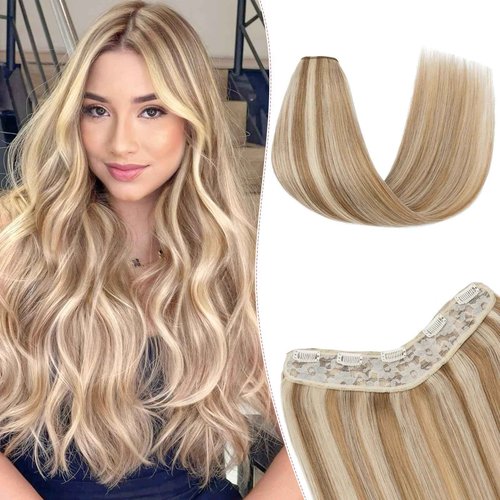 SEGO Pro One Pieces Clip in Hair Extensions Human Hair Upgraded V-Shaped 5 Clips in Hair Extensions Human Hair Long Hairpiece For Women,12 Inch,#12P613 Golden Brown mixed Bleach Blonde,55g