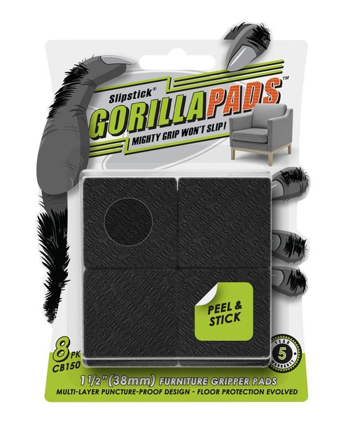 Slipstick GorillaPads CB150 Non Slip Furniture Pads/Rubber Grips (Set of 8) Self Adhesive Furniture Feet Floor Protectors, 1-1/2 inch Square, Black