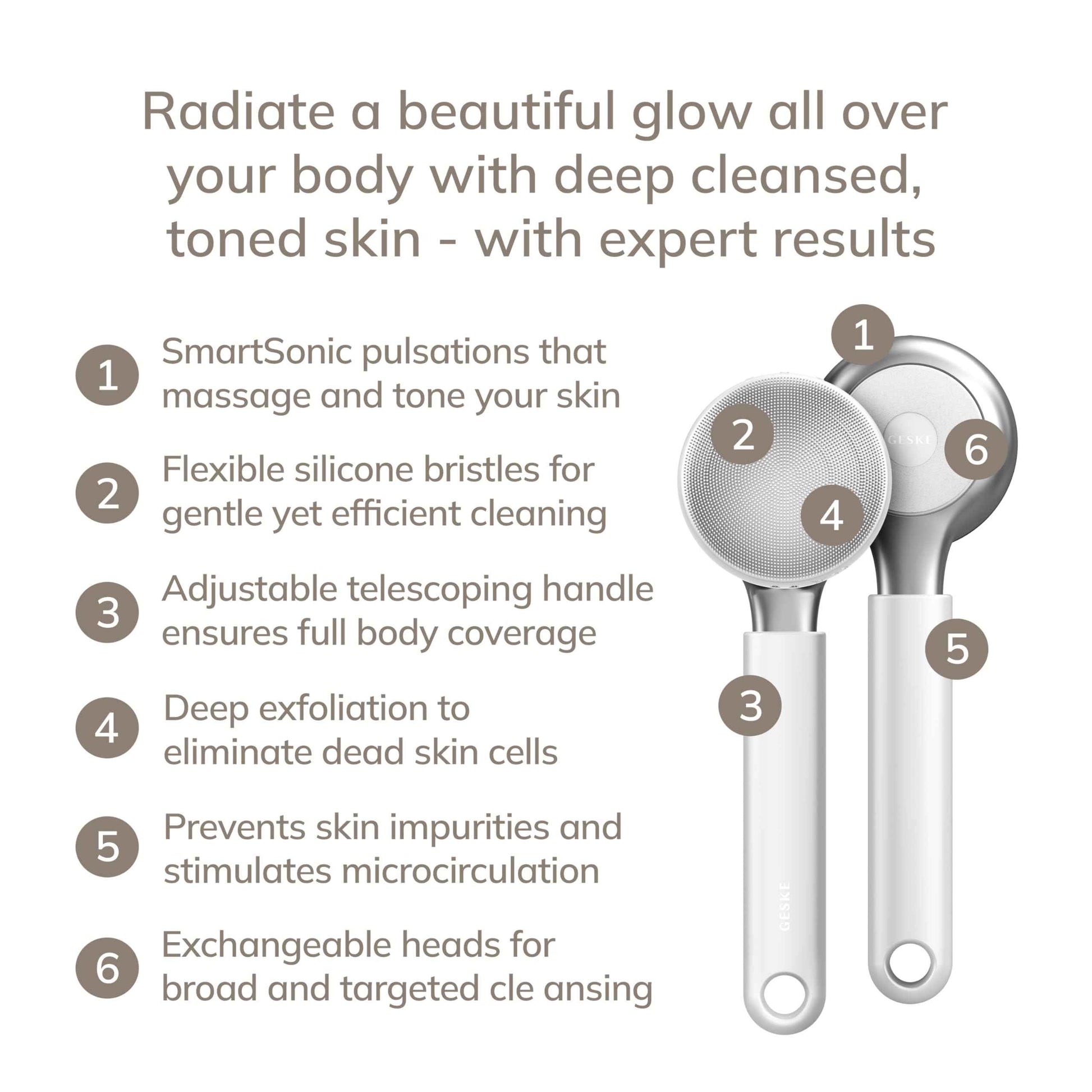 GESKE Sonic Full-Body Brush & Intensive Exfoliator | 8 in 1 | Electric Body Cleansing Brush | With SmartSonic Pulsations | Deep Cleansing, Exfoliation, Massage | Extendable Handle | Rough Skin Remover