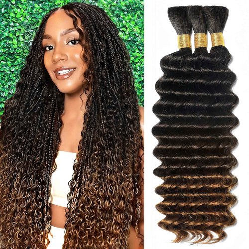 Ombre Human Braiding Hair for Boho Braids 20 Inch 120g Deep Wave Bulk Boho Human Hair for Braiding Curly Knotless Bohemian Braids 12A 100% Brazilian Virgin No Weft Extensions 3 Bundles/Pack T1B/30