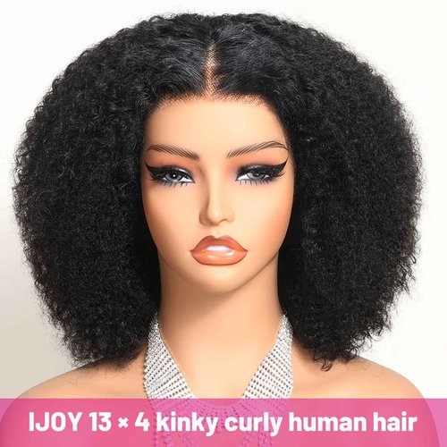 ijoy Kinky Curly Wig Human Hair 13x4 Lace Front Wigs 180 Density, 14 Inch Pre Plucked Afro Curly Human Hair Wig for Women, Natural Black, 4a/4b, Full and Thick(14inch)