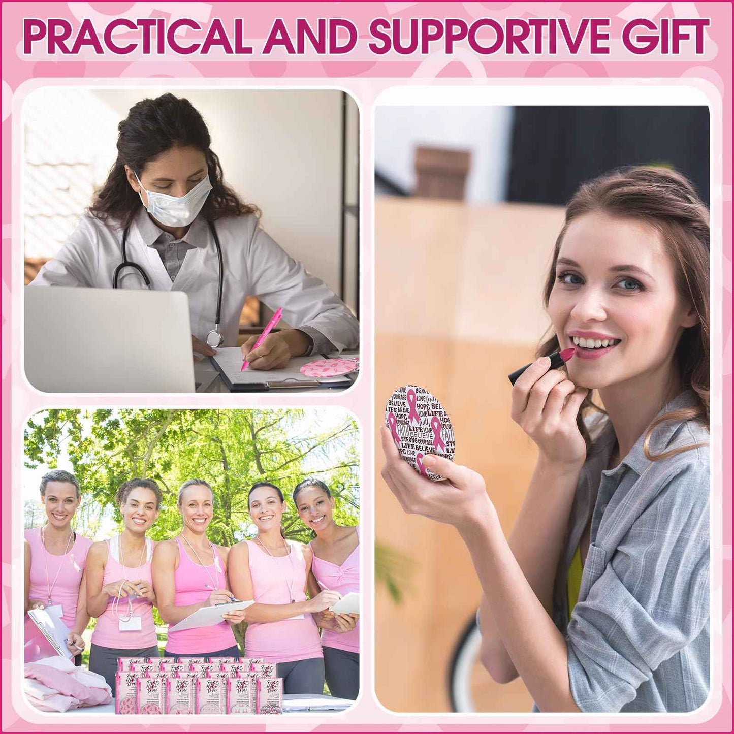 Pinkunn 100 Sets Breast Cancer Awareness Accessories Bulk Breast Cancer Gift for Women Compact Mirrors with Pink Ribbon Boxing Glove Design, Ballpoint Pens, Motivational Cards Charity Party Favors
