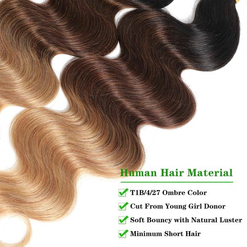 Kapelli Ombre Human Hair Bundles Body Wave (T1B/4/27,18" 20" 22") 10A 100% Brazilian Virgin Remy Hair Bundles 3 Tone Black to Blonde Human Hair Weave