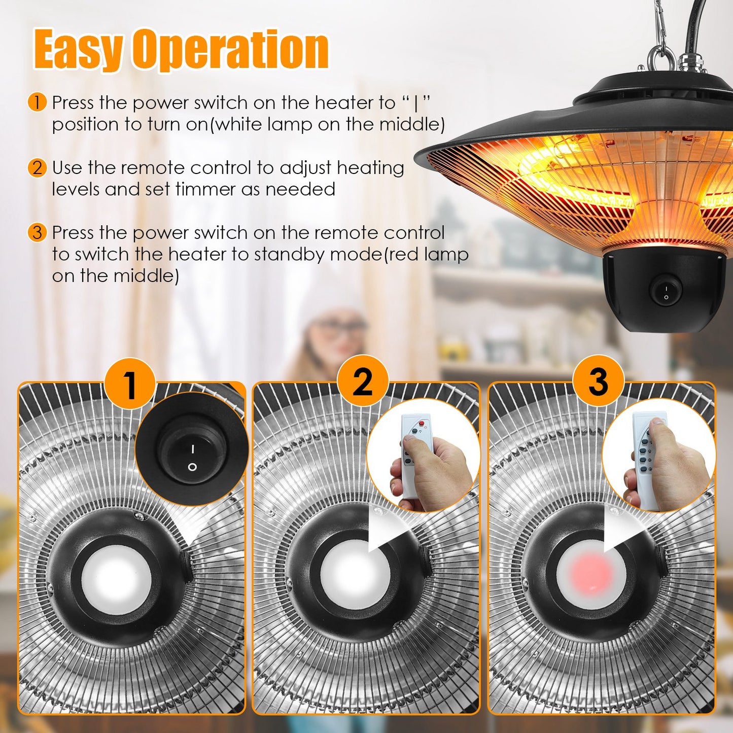 1500W Outdoor Ceiling Mount Patio Heater IP23 Waterproof with Remote & Timer - Black