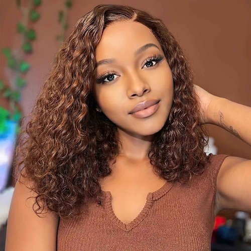 TOYERE Chocolate Brown Bob Wig Human Hair 13x6 Deep Curly Wave Lace Frontal 4# Colored, 200 Density Short Wigs for Women Pre Plucked with Baby Hair Natural Hairline (14 Inch)
