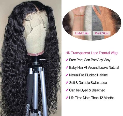 Jewhaut 28 Inch Lace Front Human Hair Wig, Deep Wave, 180% Density, Glueless, Natural, Curly, Black, Medium Cap Size, Full Coverage, Clips/Combs Attachment