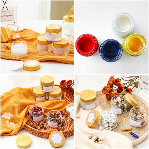 Layhit 64 Pcs 2oz Glass Jars with Lids Clear Small Jars with Plastic Woodgrain Lids, White Labels and Inner Liners Empty Round Cosmetic Containers for Creams Lotions Candle Making (2oz/ 60ml)