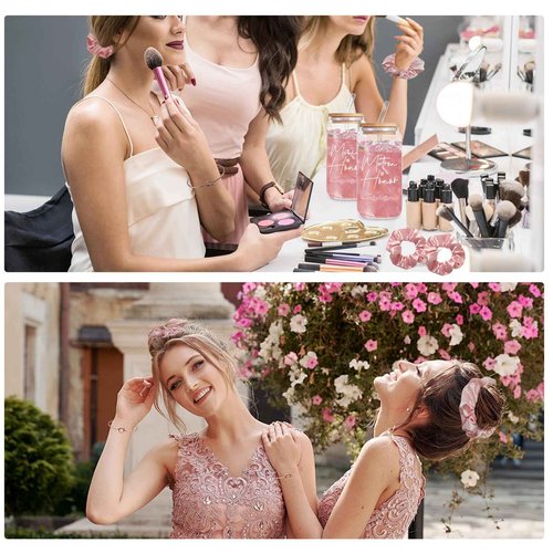 KIKINIKO 56 pcs Bridesmaid Gift Set, Pink: 16oz Glass Cups, Makeup Bags, Invitation Cards, Scrunchies, Hair Bracelets, Diamond Pens, Love Clips - Perfect for Bridesmaids or Special Occasions