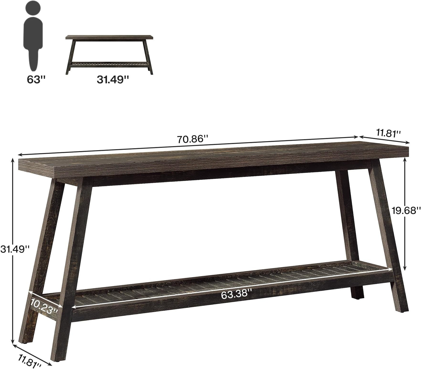 2-Tier Console Table - Rustic Farmhouse Side Table - Dark Brown