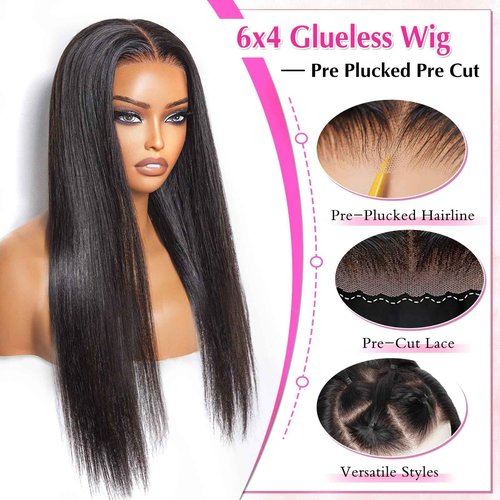 PISRY Wear and Go Glueless Wigs Human Hair Pre Plucked Pre Cut 180% Density 6x4 Ready to Wear Lace Front Human Hair Wigs Straight for Black Women 24 Inch