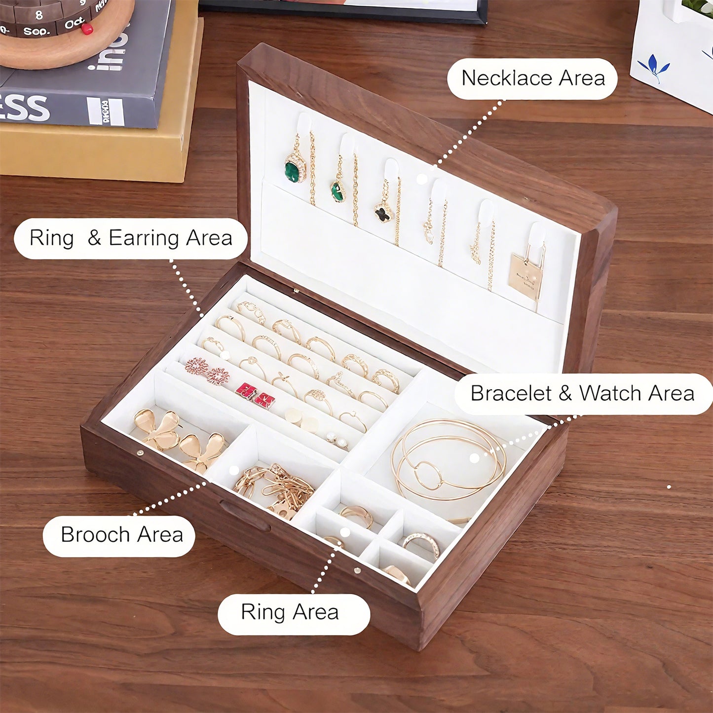 Solid Wood Jewelry Storage Box - Hand-Embroidered Black Walnut