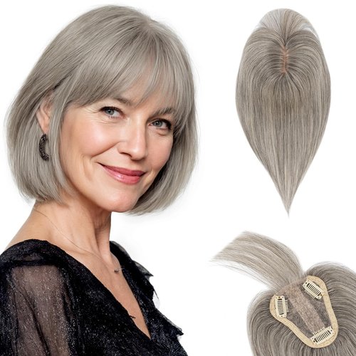 TESS Real Human Hair Topper for Women Clip In Bangs Handmade Lace Base 3 Clips Enhanced Coverage Stylish & Comfortable 8×10cm, 08 Inch, Grey