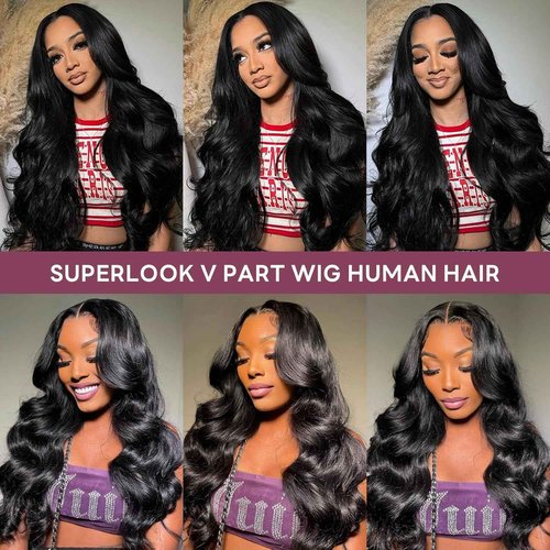 SUPERLOOK V Part Wig Human Hair Body Wave Glueless Wigs Human Hair Clip in V-Part Wigs Beginner Friendly No-Sew In No Glue Upgrade U Part Human Hair Wig 210% Density (20Inch,V Part Body Wave Wigs)