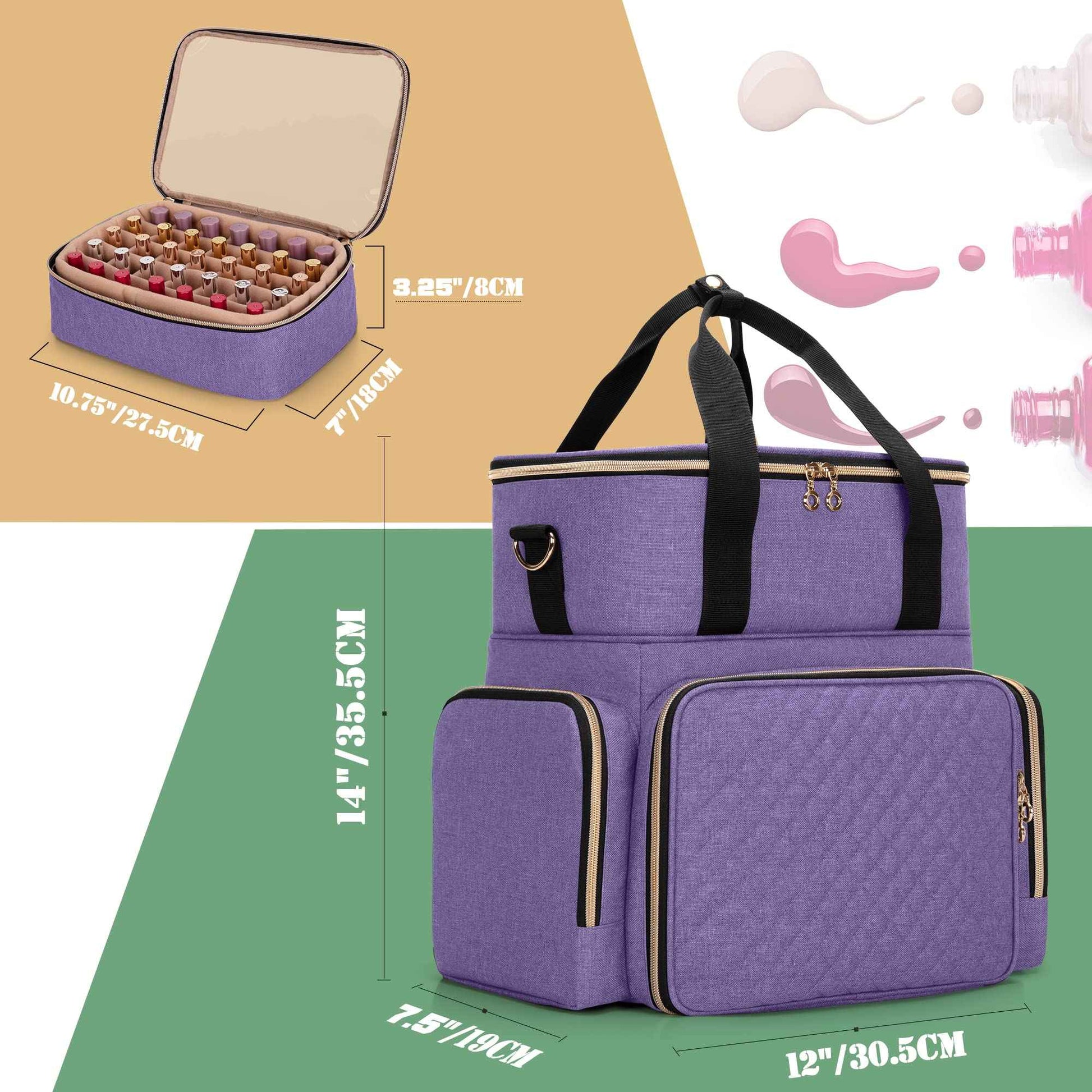 LUXJA Nail Polish Organizer Holds 70 Bottles and a Nail Lamp, Nail Polish Case with 2 Removable Bags and Tools Storage Pockets (Patent Pending), Purple