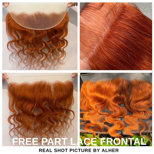 ALHER #350 Ginger Orange Body Wave 13x4 Lace Frontal Human Hair 18 Inch, Copper Orange Colored HD Transparent Lace Frontal Closure Ear to Ear 100% Virgin Remy Human Hair 150% Density