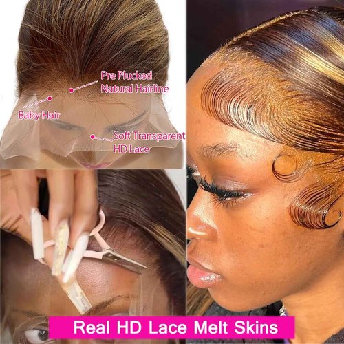 Ombre Highlight 13x6 Lace Front Wig Pre Plucked, 26 Inch 4T4/27 Honey Blonde lace frontal Wigs with Baby Hair 13x6 HD Transparent Lace Front wig Human Hair for Women Colored Real Human Hair Wigs