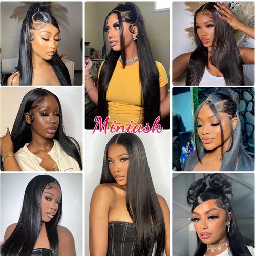 miniask 30 Inch Drawstring Straight Frontal Wig Hidden Strap Straight 13x6 Lace Frontal Wigs Human Hair Pre Plucked Pre Bleached Glueless Brazilian Wig Transparent Lace Wigs for Women