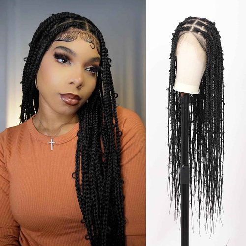 Fecihor 360° HD Full Lace Knotless Braided Wigs for Women Box Braid Wig with Baby Hair Premium Synthetic Natural Looking Black Butterfly Braided Lace Front Wigs 36 Inch