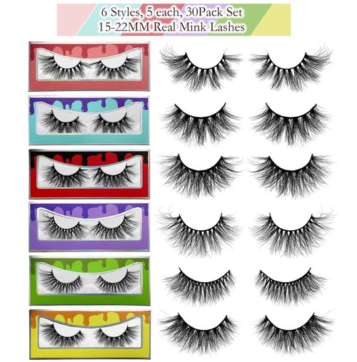Mink Lashes Bulk Ninglash 30 Pack 6 Styles Eyelashes, 15-22mm Real Mink EyeLashes, Thick HandMade Full Strip Lashes, Crueltyl Free Fluffy Lash, 30 Pairs 5D Mink Lashes wholesale