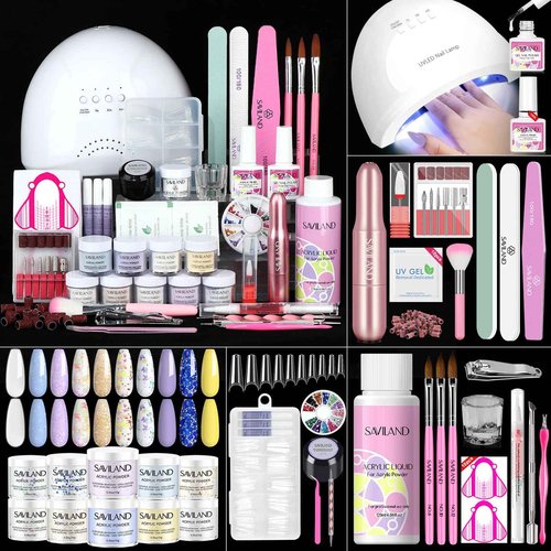 Saviland Acrylic Nail Kit with Everything: 10 Colors Acrylic Powder Clear Liquid Monomer 48W Nail Lamp 20000RPM Nail Drill Complete Tools Home Manicurist Nail Extensions
