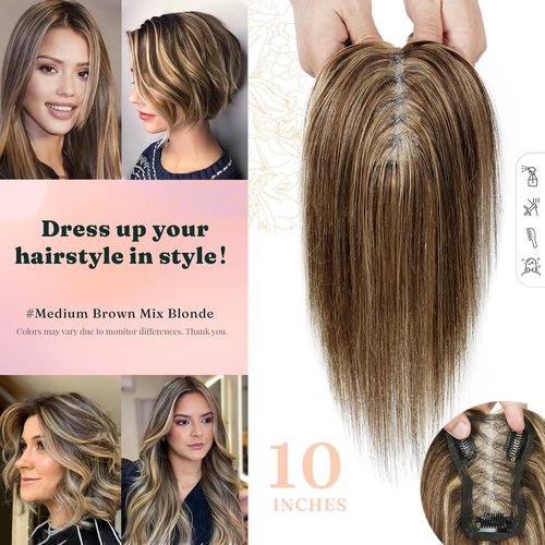 SHEIRIS 4/27 Human Hair Toppers for Women, for Women with Thinning Hair Swiss Base, No Bangs, 10 Inch (#Medium Brown Mix Blonde)
