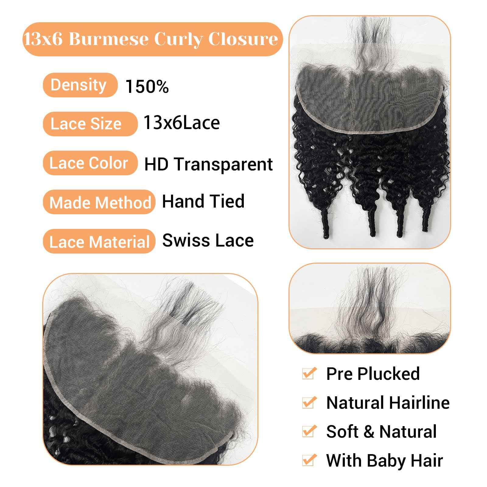 13x6 Frontal Human Hair Burmese Curly HD Transparent Lace Ear to Ear Lace Frontal Closure With Baby Hair Free Part 100% Virgin Human Hair Natural Black 14 Inch