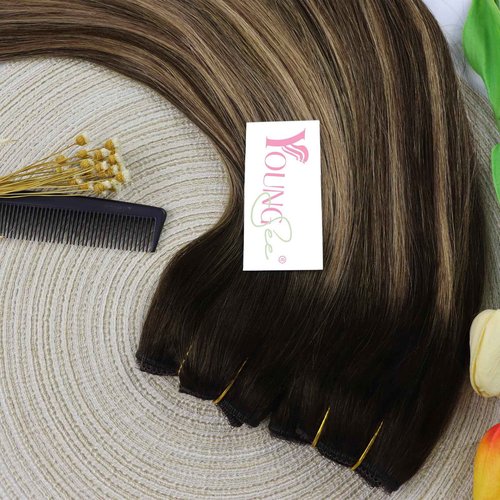 YoungSee Wire Hair Extensions Balayage Invisible Wire Hair Extensions Real Human Hair Chocolate Brown Mix Caramel Blonde Couture Hair Extension With Transparent Line 18In 80G