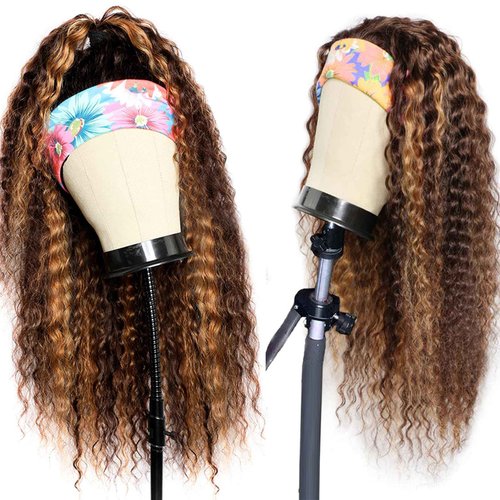 Punmasa Headband Wig Deep Wave 12 Inches 100% Human Hair Headband wigs for women Glueless None Lace Front Wig Machine Made 150% Density headband wig human hair Natural Black and Ombre 4/27