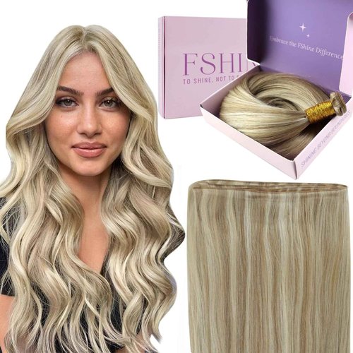 Fshine Genius Weft Highlight Human Hair Genius Weft Ash Blonde and Golden Blonde Sew in 22 Inch 60g Real Human Hair Extensions for Women