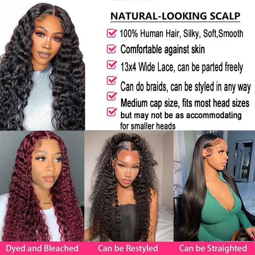 Deep Wave Lace Front Wigs Human Hair 180% Density Curly Lace Front Wig Human Hair 13x4 HD Transparent Glueless Lace Frontal Wigs Pre Plucked Natural Black 28 Inch