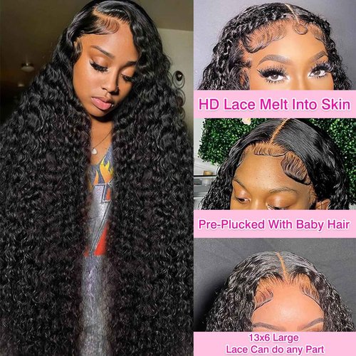 BVLBVL 13x6 Deep Wave Lace Front Wigs Human Hair 180 Density HD Lace Frontal Wig Curly Wig Pre Plucked Wet and Wavy 24 inch, Real Human Hair No Synthetic Blend No Tangle No Shedding Triple Lifespan 3X