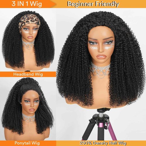 SheBase Kinky Curly Half Wig Human Hair 250% Density 16 Inch Burmese Kinkycurly Wig Human Hair,3 In 1 Seamless Flip Over Drawstring Ponytail Headband Wig Human Hair Glueless Wear and Go