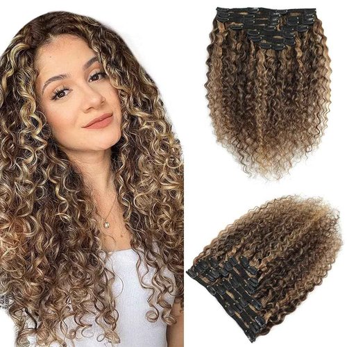 Urbeauty Curly Clip in Extensions Remy Human Hair Brown Highlight Blonde Natural Wavy Hair Extensions 20 Inch 120g Triple Weft Clip in Hair Extensions Full Head Kinky Curly Human Hair 4/27 Color