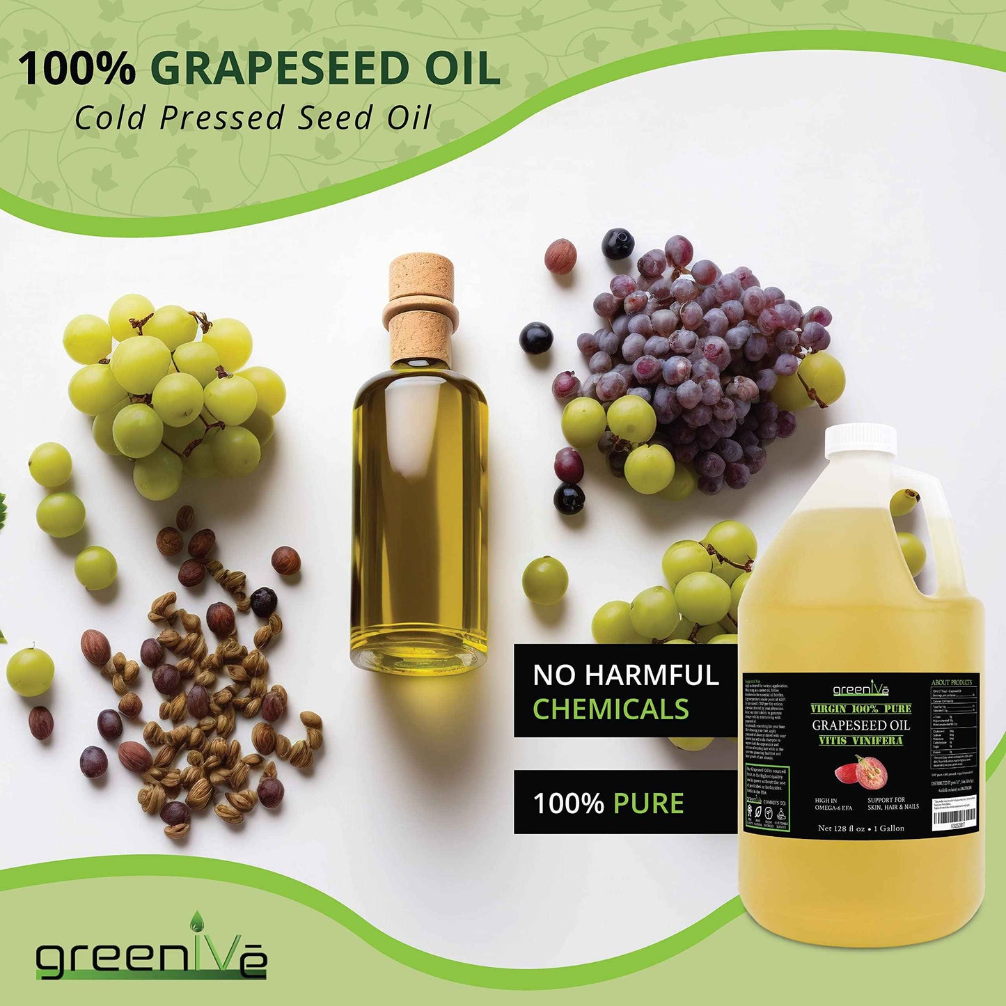 GreenIVe Grapeseed Oil Organically Grown 100% Pure Cold Pressed Light Flavor High Tempurature Cooking (128 Fl Oz (Gallon))