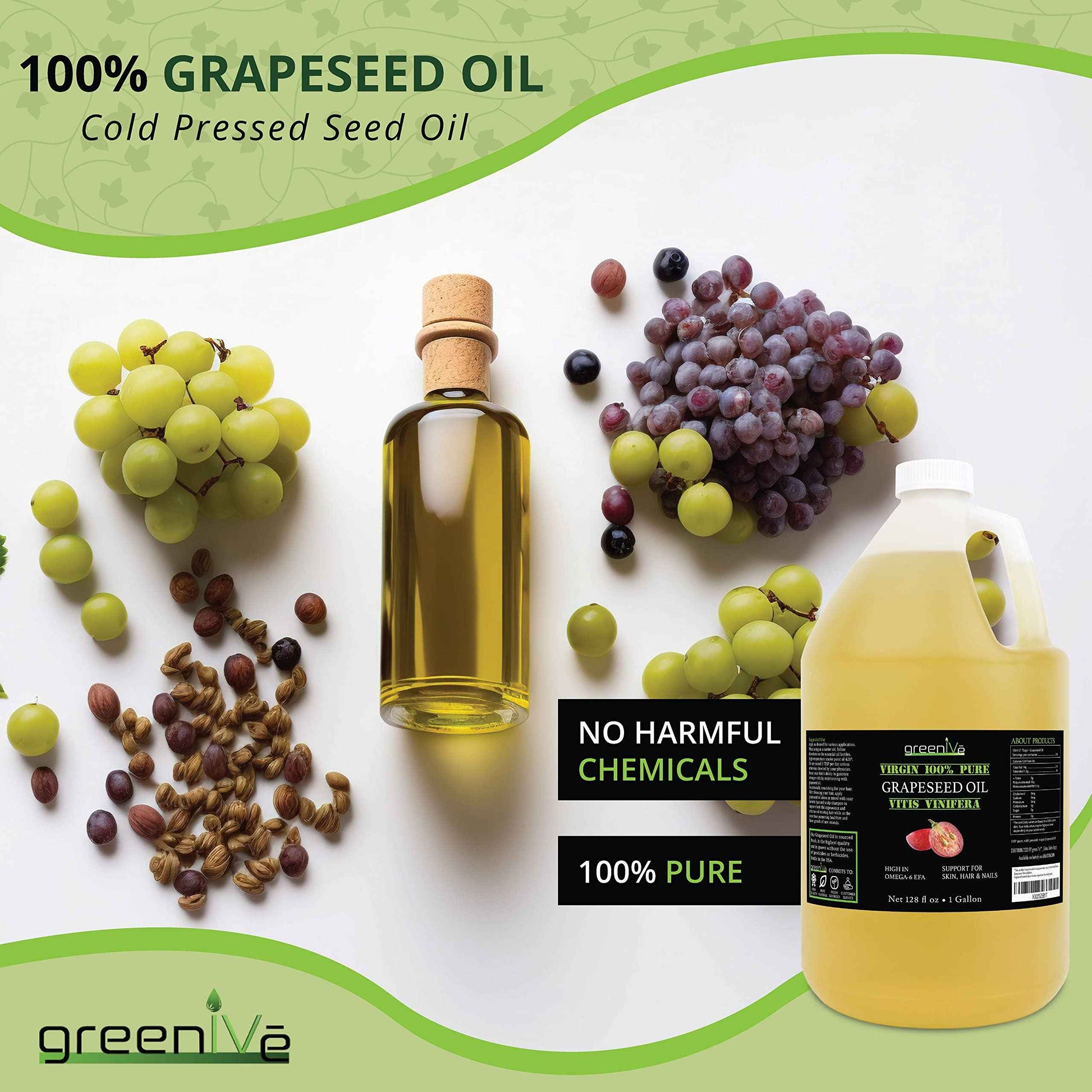 GreenIVe Grapeseed Oil Organically Grown 100% Pure Cold Pressed Light Flavor High Tempurature Cooking (128 Fl Oz (Gallon))