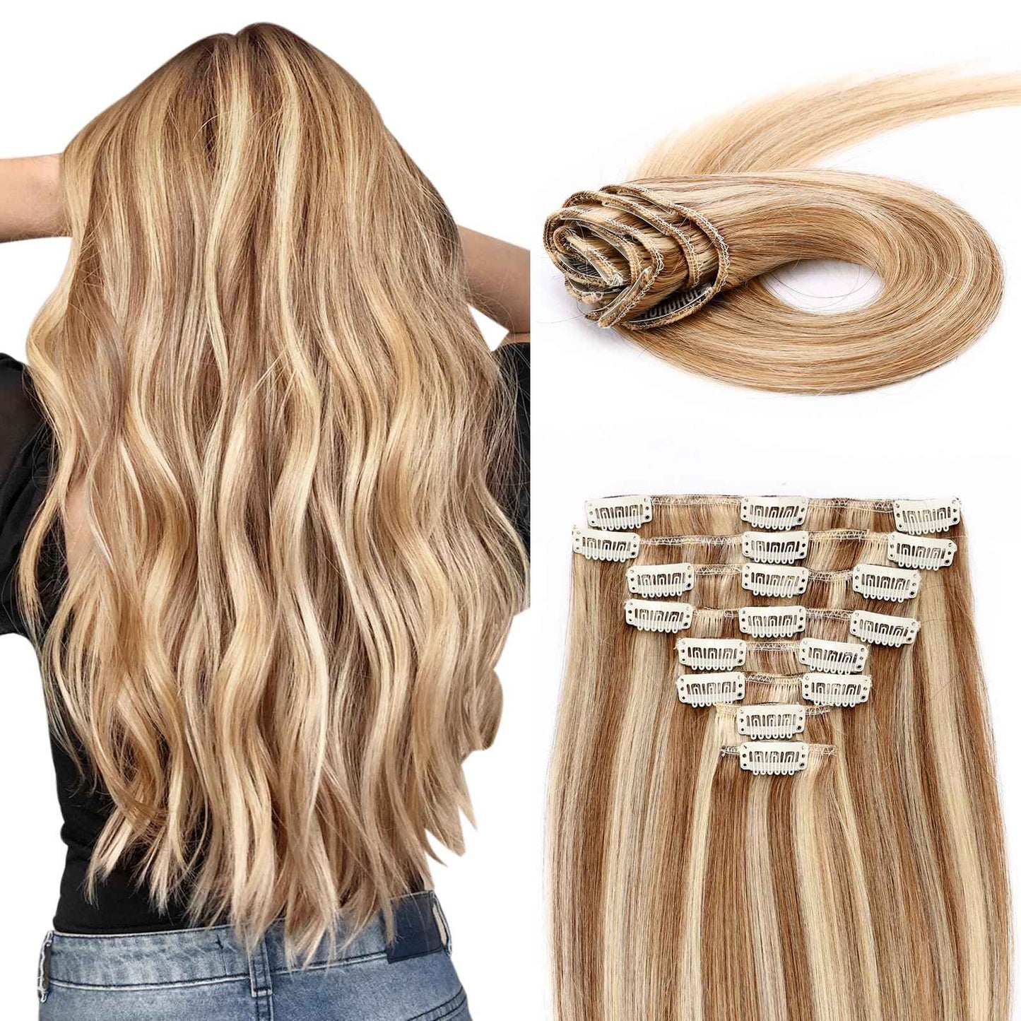 MY-LADY Clip In Hair Extensions Real Human Hair 16 Inch 8pcs Remy Real Hair Extension Clip ins #12/613 Light Brown with Bleach Blonde 90g Silky Straight
