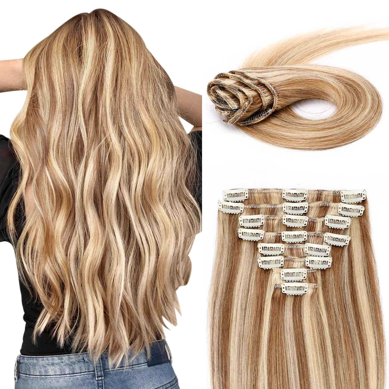 MY-LADY Clip In Hair Extensions Real Human Hair 16 Inch 8pcs Remy Real Hair Extension Clip ins #12/613 Light Brown with Bleach Blonde 90g Silky Straight