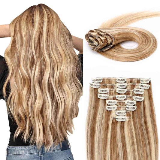 MY-LADY Clip In Hair Extensions Real Human Hair 16 Inch 8pcs Remy Real Hair Extension Clip ins #12/613 Light Brown with Bleach Blonde 90g Silky Straight