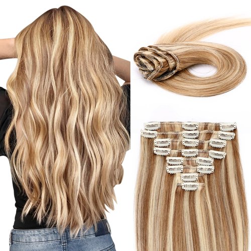 MY-LADY Clip In Hair Extensions Real Human Hair 20 Inch 8pcs Remy Real Hair Extension Clip ins #12/613 Light Brown with Bleach Blonde 105g Silky Straight
