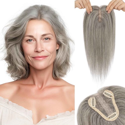 SEGO Pro Hair Toppers for Women Real Human Hair with No Bangs 3.1×3.9 Inch Silk Base Clip-In Topper Natural Looking Hairpieces for Women（12 Inch,Light Grey）