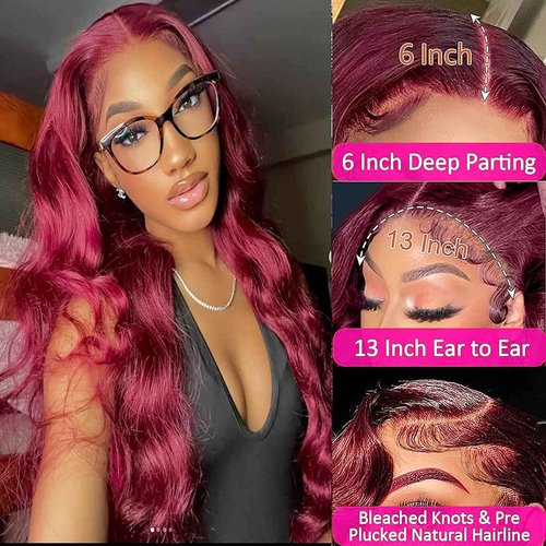 BOSDIOS 13x6 Burgundy Lace Front Wigs Human Hair Red 99J Body Wave Transparent Lace Frontal Wig Human Hair for Black Women Colored Wine Red Wig 180% Density Glueless Pre Plucked With Baby Hair(30in)