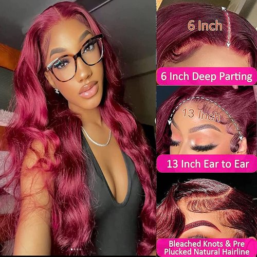 BOSDIOS 13x6 Burgundy Lace Front Wigs Human Hair Red 99J Body Wave Transparent Lace Frontal Wig Human Hair for Black Women Colored Wine Red Wig 200% Density Glueless Pre Plucked With Baby Hair(22in)