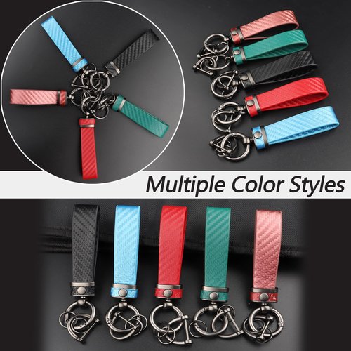 Turcee Carbon Fiber Car Keychain,Interior Accessories Keychains Leather Car Key Fob,Car Accessories Key Ring & Anti-Lost D-Ring(Green)