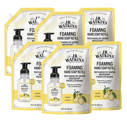 J.R. Watkins Foaming Hand Soap Refills, , Alcohol-Free Hand Wash, Cruelty-Free, , Moisturizing Hand Soap Refill for Bathroom or Kitchen, Lemon 28 fl oz Foam Soap Refill, 6 Pack