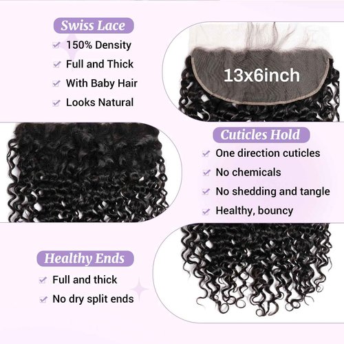DSEKCAIN Water Wave HD Frontal 13x6 Lace Frontal Transparent Human Hair Closure 100% Raw Virgin Human Hair Free Part Long Big Space Size Natural Black Color 20 Inch